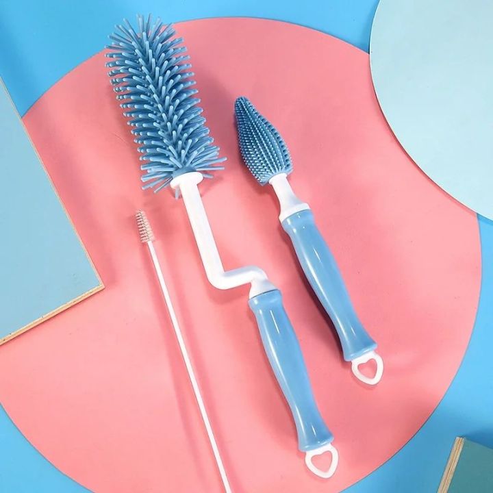 Long Handle Silicon Cleaning Brush,3-Piece Silicone Bottle Brush, Used for Cleaning Bottles, Nipples and Straws