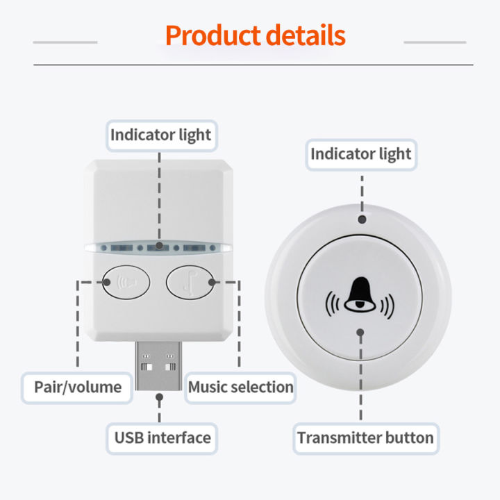 Wireless%20Doorbell%20DC%205V%20and%20RF433%20MHz%20Pairing%20Remote%20Control%2030%20Ringtongs%20Volume%20Adjust%20Home%20Outdoor%20USB%20Door%20Bell%20Bed%20Care%20Call%20-%20Image%206
