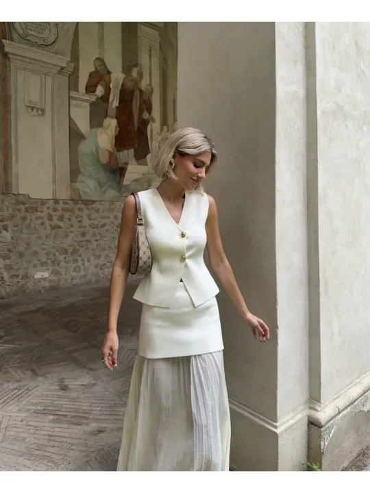 TRAF%20Women%20Knitted%20Sets%20Loose%20Skirt%20Set%202%20Pieces%202024%20Summer%20Button%20V-neck%20Vest%20Top%20Ankle-Length%20Skirt%20Lady%20Street%20Outfit%20-%20Image%202