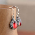 Huitan Green/Red Pear Stone Drop Earrings for Women Ethnic Style Aesthetic Carved Pattern Temperament Lady's Earrings Jewelry. 