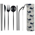 8pcs Dinneware Set Portable Travel Blue Cutlery Set Stainless Steel Knife Fork Spoon Chopsticks Straw Silverware with Pouch.