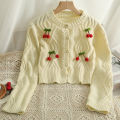 YuooMuoo Chic Fashion Cherry Knitted Cardigan Women Autumn Cute Button Up O-neck Long Sleeve Coat Streatwear Lady Y2K Sweaters. 