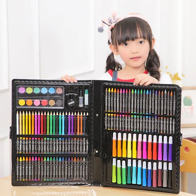 168/150 pcs colouring kit, Painting & Drawing Art Box consits Oil pastels, Crayons,  Pencil colours , Markers ,water colours, paper pins , sharpner etc kids multifunctional box set creative school gift stationery