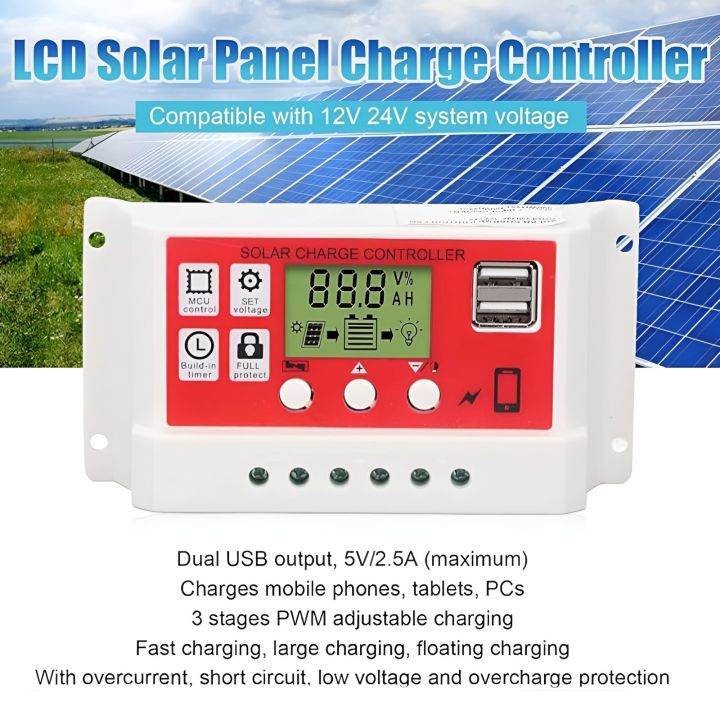 Solar Charge Controller 12V 24V 10A 20A Dual Usb Function Auto Output Regulator Pv Home Battery Charger Lcd Display Digital Pwm Charge Controller 10A 20A Charging And Output - Multimeter