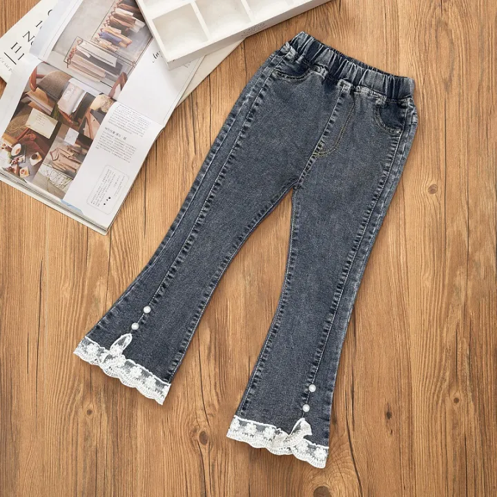 Girls'%20Jeans%20Spring%20and%20Autumn%20New%20Casual%203-12%20Year%20Old%20Children's%20Loose%20Flare%20Pants%20Lace%20Pearl%20Girls'%20Denim%20Pants%20-%20Image%203