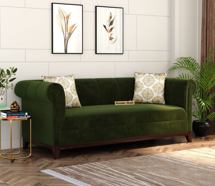 Arbor 3 Seater Sofa (Velvet, Dark Olive Green)