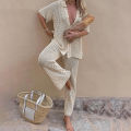 New Style Loose Short Sleeve Top Knitted Hollow Out Pants Beachwear Cover Up Set Women's Beach Vacation Casual Sun Bathing Smock.