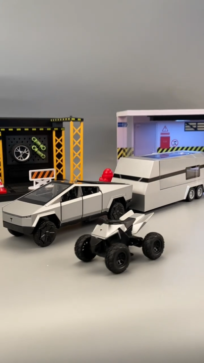 1:32 Diecast Tesla Cyber Truck with Quad Bike and Pickup Trailer RV Set Model Toy | Alloy Metal Body | Music and Lights