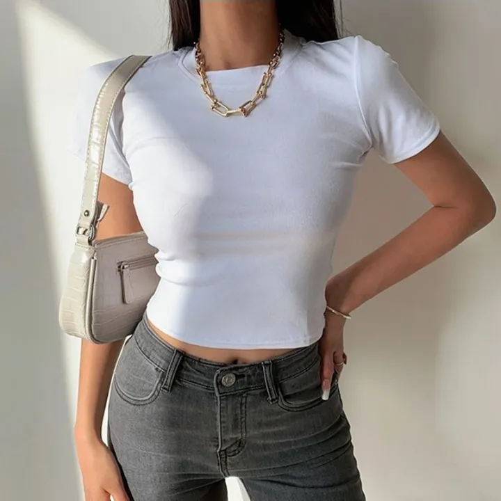 Short%20Sleeve%20T-Shirt%20Women%20Solid%20Simple%20Casual%20Soft%20All-Match%20Basic%20Crop%20Tops%20Tees%20Summer%20Fashion%20Skinny%20Tops%20Black%20White%20-%20Image%205