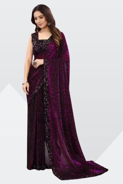 Velvet Sequined Saree (Dark Purple)  with Blouse material