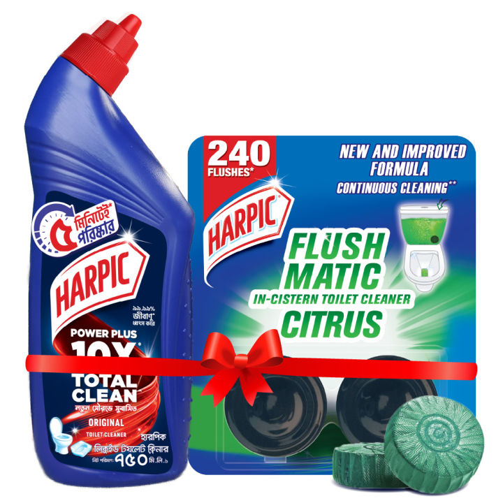 Harpic Toilet Cleaning Liquid Power Plus 10x Total Clean 750ml + Flushmatic Citrus In Cistern Toilet Cleaner Blocks (50g x2) Combo