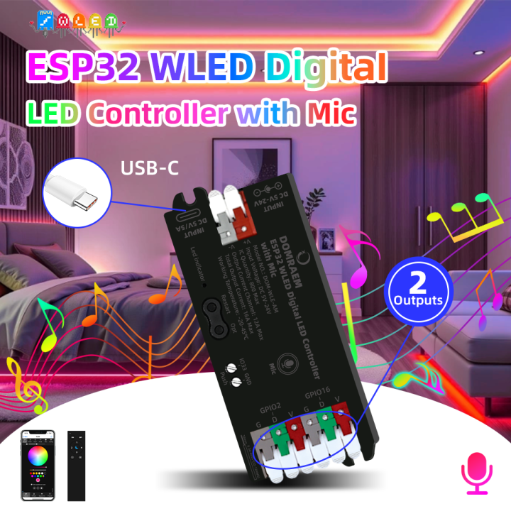 Ws2805 Controller DOMRAEM ESP32 WLED WiFi Digital LED strip controller with Mic USB-C ...