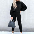 2025 Autumn and Winter Women's Sweater High Collar Casual Pure Color Trousers Two-piece Set. 