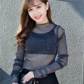 Long Sleeve Mesh Tops Sexy Women See Through Transparent T-Shirt Sheer Sunscreen Inner Wear Pullover Tees Chiffon Crop Top. 