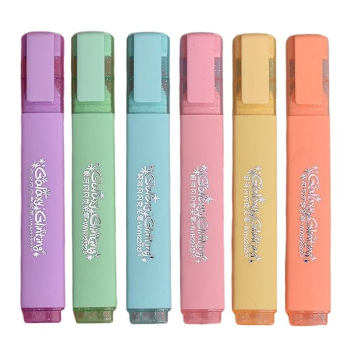 6 Colors/box Fine Glitter Highlighter Pen Set Fluorescent Markers Highlighters Pens Art Marker Japanese Cute Kawaii Stationery