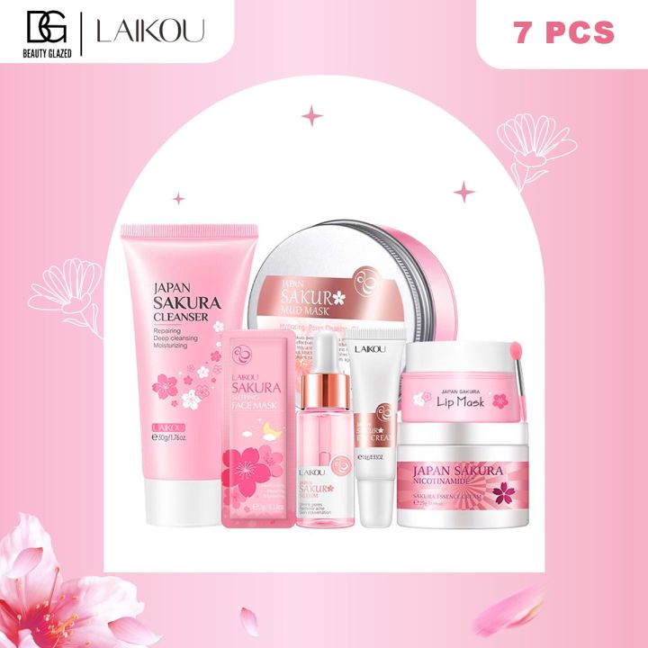LAIKOU Sakura Face Serum Moisturizer Cream Sleeping Mask Cleansing Mud Mask Brightening Reduce Spots Wrinkles Combo Set
