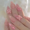 24pcs Sweet Pink Press On Nails Glossy Almond Stereo Pink Bowknots Decor False Nails Charming Full Cover Korean Style Fake Nail. 