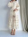 Long-Sleeved Floral Loose-Fitting Elegant Arabic Dress for Women. 