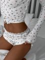 Women 2 Piece Outfit French Style Floral Lace Long Sleeve Top Shorts Set Casual Pajamas Tracksuit Club Party Lounge.