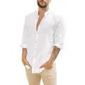 Cotton Linen Hot Sale Men's Long-Sleeved Shirts Summer Solid Color  Stand-Up Collar Casual Beach Style Plus Size. 