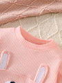 Cute Rabbit Embroidery for Infants and Toddlers, Waffle Sweatshirt, Striped Jogger Pants, Two-Piece Set, Knee Pads, Elastic Waist, Soft and Warm. 