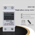Single phase energy meter, DDS1108, electronic kWh meter, digital electricity meter, 220V power meter, LCD display meter, compact energy meter, IEC62053 standard, household energy monitor, guide rail installation. 