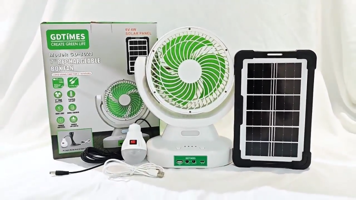 GDTIMES GD-8023 9-Inch Solar Rechargeable Fan – LED Light, Power Bank, 3-Speed – Portable Table Fan for Home, Office & Camping