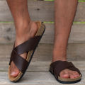 Men's minimalist set with flat heel cross slippers and wooden slippers.