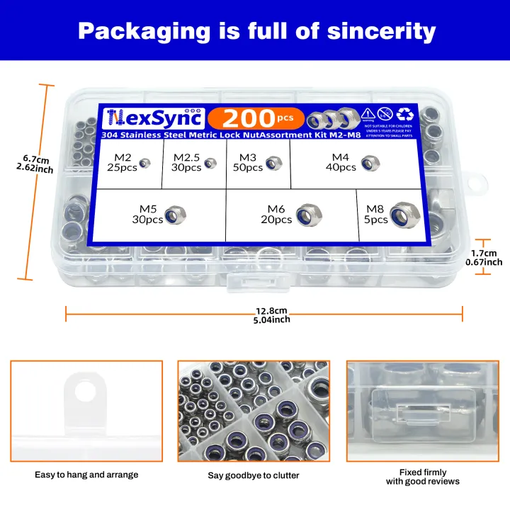 200pcs%20DIN985%20Hex%20Nylon%20Insert%20Self%20Lock%20Nut%20Nylock%20Locknut%20Assortment%20Kit%20Set%20M2%20M2.5%20M3%20M4%20M5%20M6%20M8%20304%20A2-70%20Stainless%20Steel%20-%20Image%206