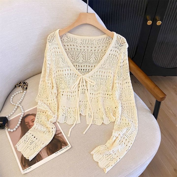Women's%20Summer%20Lace%20Knit%20Cardigan%20Long%20Sleeve%20V-neck%20Openwork%20Crochet%20Tie%20Front%20Sun%20Protective%20Shawl%20Versatile%20Cover-Up%20for%20Fall%20-%20Image%202