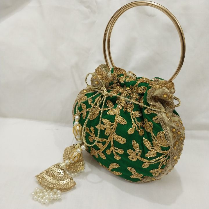 latest potli pouch purse clutch bag with round metal handle