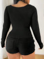 Plus Size Women Spring & Autumn Casual Solid Colour Lace T-Shirt Long Sleeve , Black Long Sleeve Tops Polyester. 