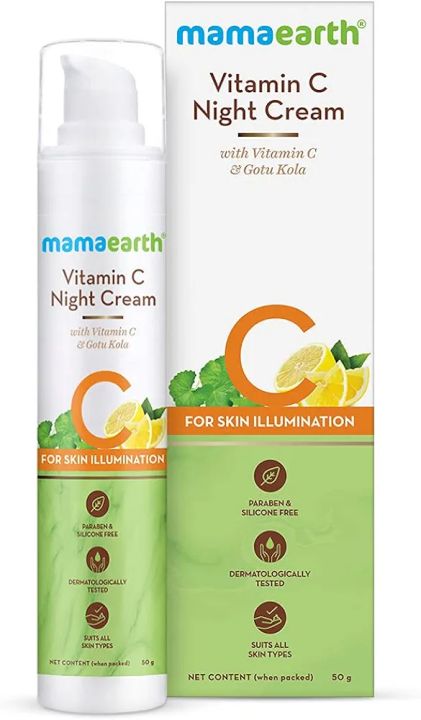 Mamaearth Vitamin C Night Cream for Skin Illumination | Overnight Damage Repair Moisturizer with Gotu Kola | Reduces Spots & Retains Skin's Glow | 1.76 Oz (50g)