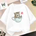 Cute Cat  T-shirt in Cup Summer Short Sleeve Casual Tees Girls Top Kids Kawaii Clothing. 
