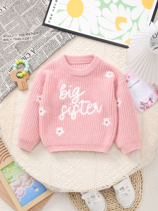 Baby Girl Knitted Round Neck Sweater with Letter Big Sister and Floral Embroidery, Fresh and Versatile, Ins Hot-Selling Top