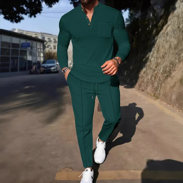 Men's%20Waffle%20Check%20Stand-Up%20Collar%20Semi-Casual%20Business%20Suit%20Button-Down%20Top%20with%20Comfortable%20Trousers%20Have%201/2%20Pieces%20-%20Image%203