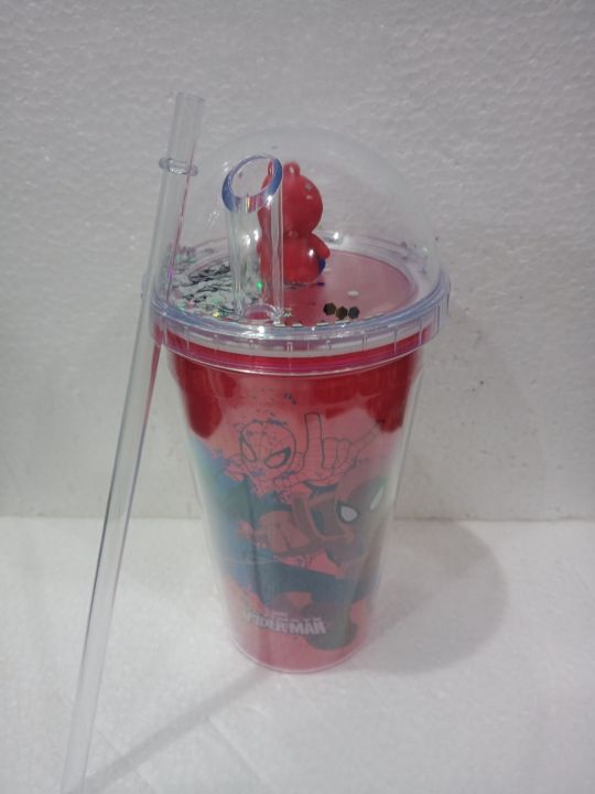 double layers Spider-Man sticker printed water bottle with straw