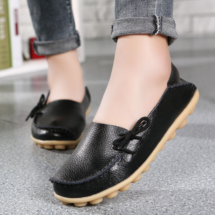 New Moccasins Women Flats 2024 Autumn Woman Loafers Genuine Leather Female Shoes Slip On Ballet Bowtie Women's Shoes Big Size