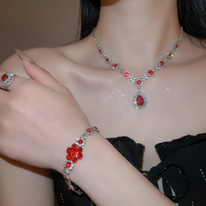 Multi-style%204%20Pcs%20Water%20Drop%20Rhinestones%20Pendant%20Necklaces%20for%20Women%20Shiny%20Flower%20Chains%20Bracelets%20Earrings%20Rings%20Jewelry%20Sets%20K%20-%20Image%202