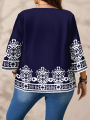 Plus Size Women's Boho Print T - Shirt, Navy Blue with White Floral Patterns, 3/4 Sleeves, Super Comfy for Daily Casual Wear.
