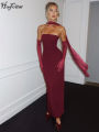 Hugcitar Elegant Scarf Strapless Solid Mesh Gloves  Bodycon Maxi Prom Dress Women Fashion Y2K Outfits Wedding Party Birthday. 