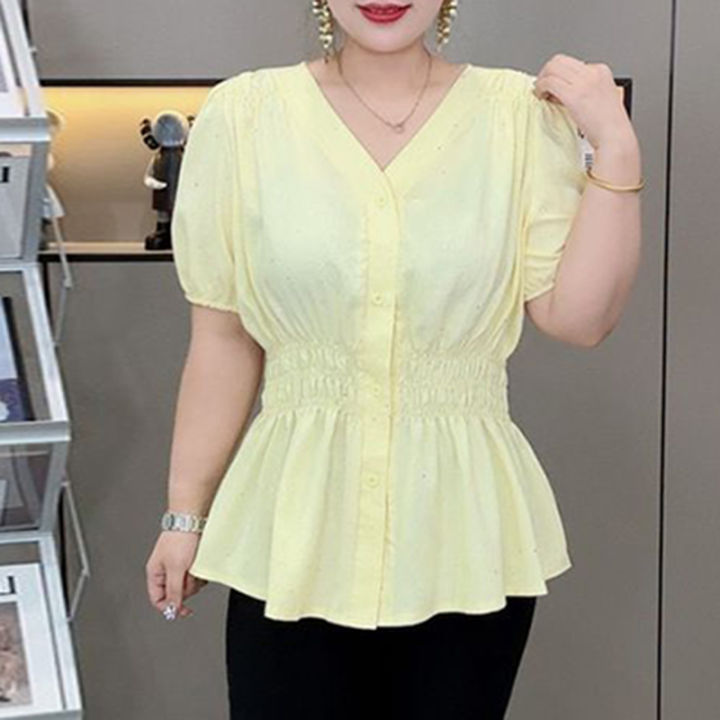 200%20Pounds%20Plus%20Size%20Elastic%20Waist%20Summer%20Shirt%20And%20Blouse%20%20Solid%20Top%20Women's%20New%20In%20Clothes%20Simple%20V-neck%20French%20-%20Image%202