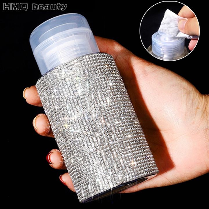200ml Rhinestone Pump Dispenser Bottle Diamond Liquid Alcohol Press Bottle for Nail Polish Remover Refillable Manicure Container