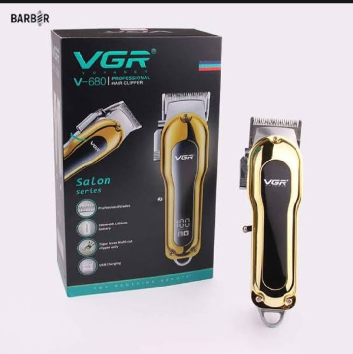 VGR V-680 Professional Salon series cordless Hair Clipper LED Display, Stainless steel Blades, USB Charging cable 4 Guide Comb, Taper Lever Adjustments Runtime: 200 mins, 2000 mAh Li-ion Battery, Gold |