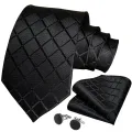 Solid Black Plaid Men's 8cm Polyester Neck Tie Handkerchief Cufflinks Set with Gift Box Tie Clip Birthday Anniversary Gift. 