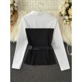 Gadinus Women Two Tone Peplum Belted Shirt Blouse Contrast Panel Long Sleeve Elegant Button Top.