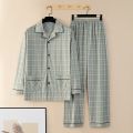 Plus Size Men Pyjamas Fall and Winter Plaid Simple Sleepwear Homewear Cardigan Button down Tops and Pants Nightwear Loungewear. 