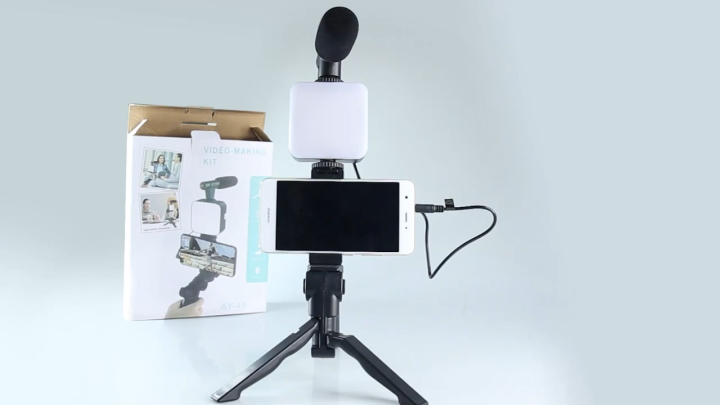 Ultimate Vlogging Kit : Complete Mobile Video Making Setup with Tripod, Microphone, LED Light and Bluetooth Remote - Perfect for YouTube, Live Streaming and Photography - AY-49