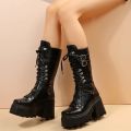 Winter 2024 New Women's Fashion Mid Tube Boots Lace Up High Platform Wedge Boots New Women's Fashion Solid Color Boots.