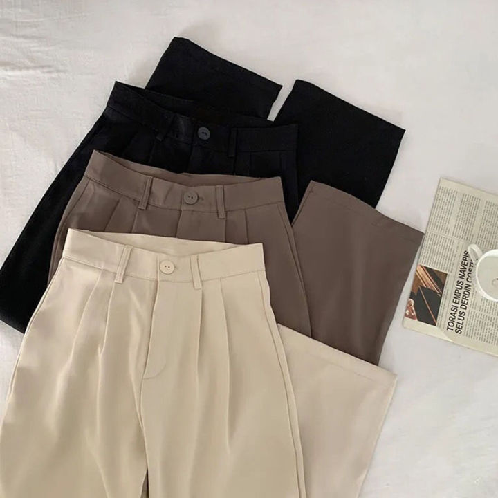 Spring Lady Fashion Concise Baggy Wide Leg Pants Women Straight Leg Casual Suit Trousers Girls Classic Basic Solid Daily Slacks